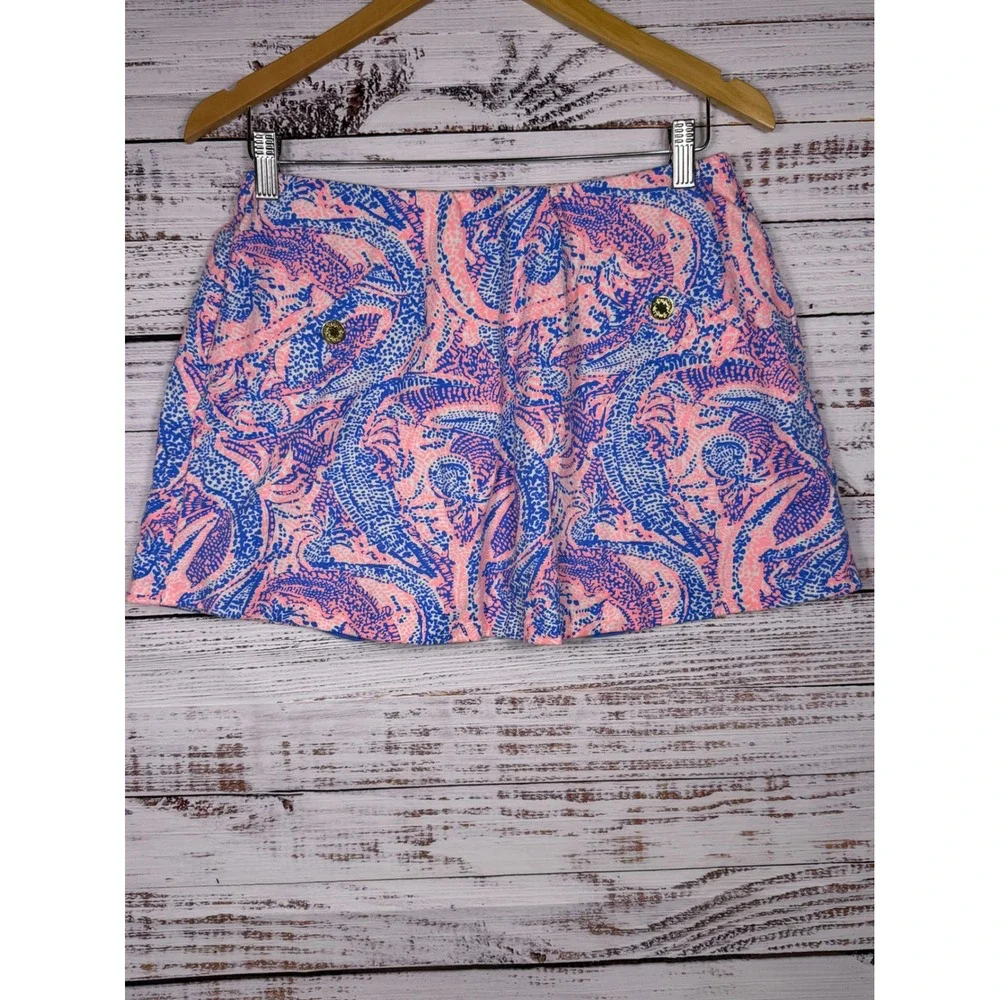 Lilly Pulitzer Skort Women Medium Pink Blue Alligator Paisley Cotton Blend Mini